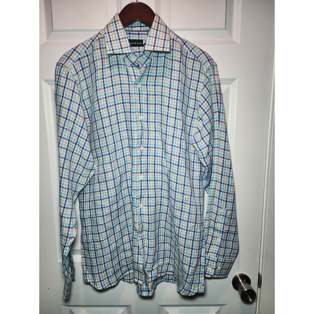Saks Fifth Avenue Men's Blue Plaid 100% Linen Button Down Shirt M Long Sleeve